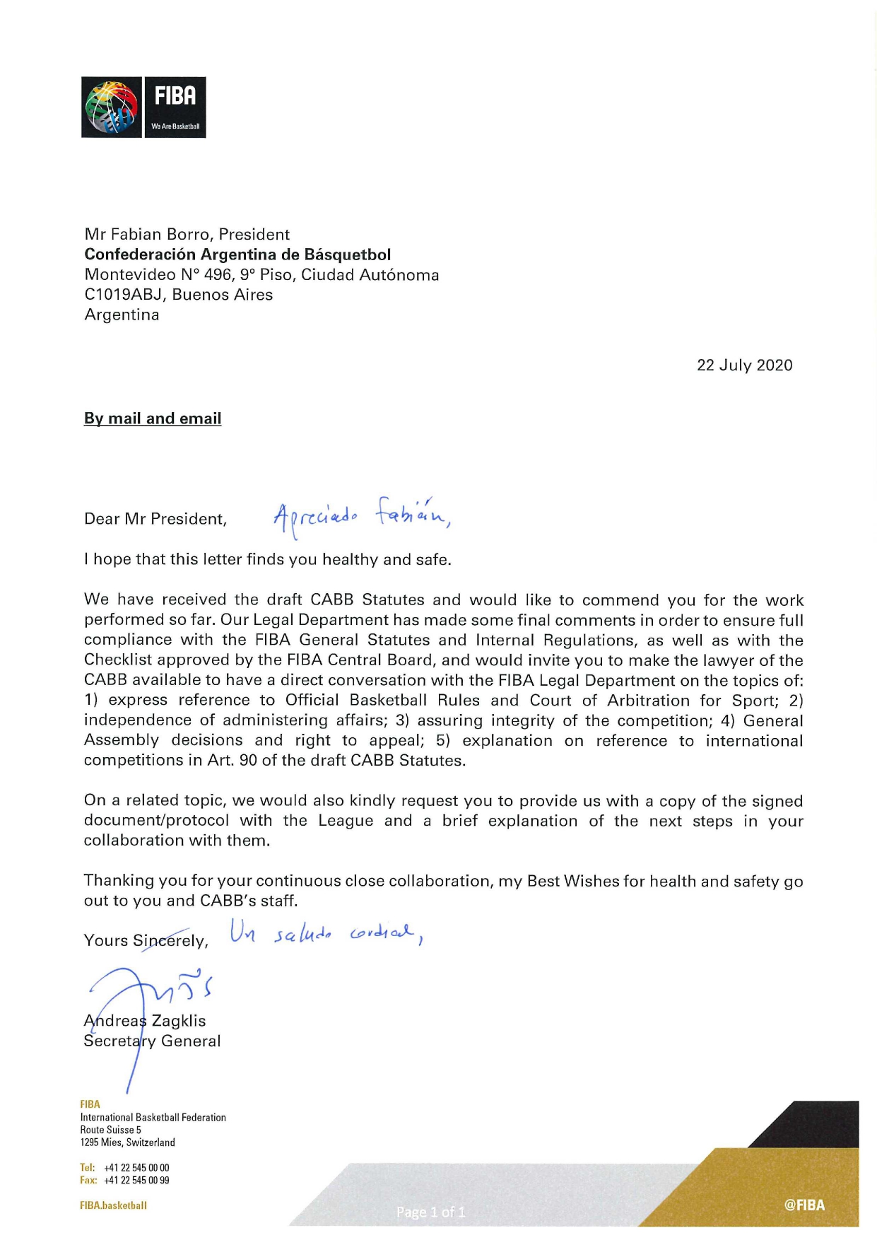 Carta de felicitación de FIBA